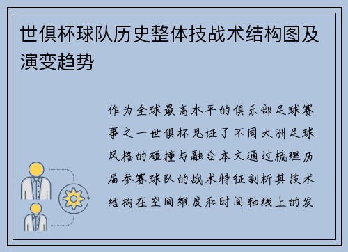 世俱杯球队历史整体技战术结构图及演变趋势