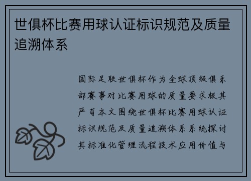 世俱杯比赛用球认证标识规范及质量追溯体系